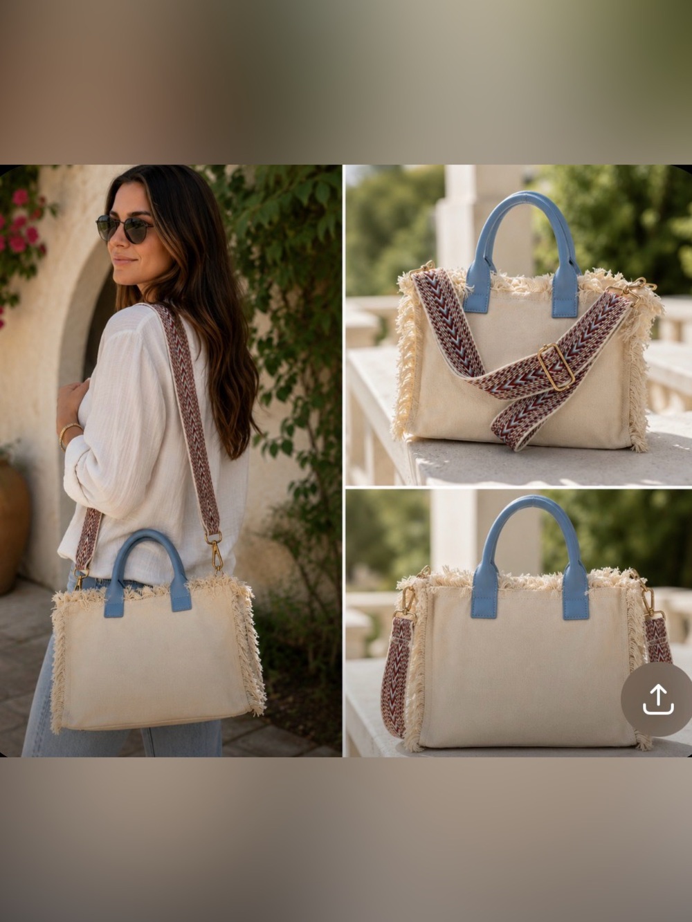 Ah Dorned Fringe White Canvas Tote Crossbody Bag Guitar Strap NWOT